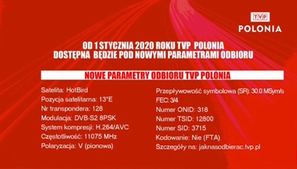 TVP Polonia na Hot Birdzie już tylko z nowych parametrów 